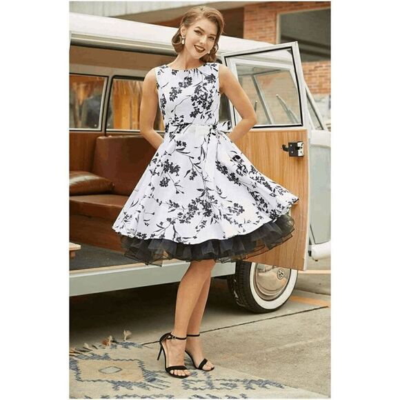 🖤🤍 Pinup Retro Vintage 1950s Floral White Rockabilly Dress w/Belt NEW L - Picture 8 of 15